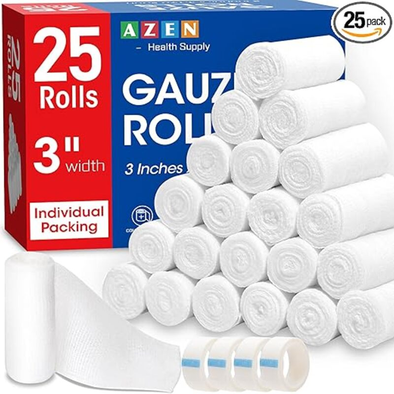 AZEN 25 Pack Gauze Rolls Bandages, 3 in x 4.1 Yards, Premium