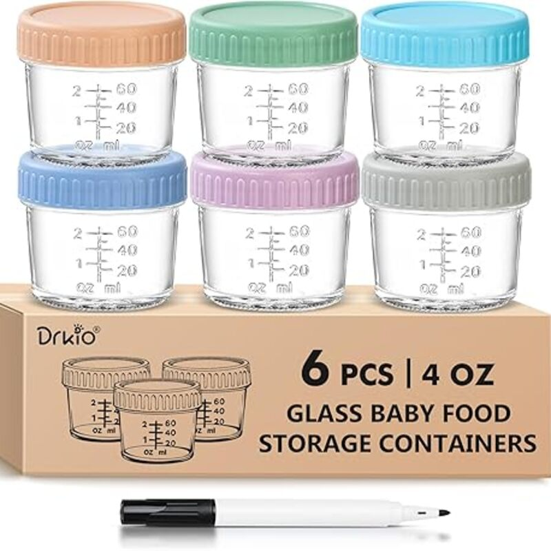 DRKIO 6 Pack Glass Baby Food Storage Containers - 4 Oz