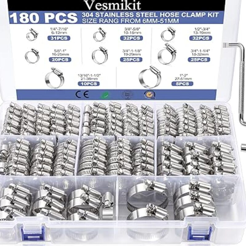 Hose Clamp Assortment- Vesmikit 180 PCS Stainless Steel Hose