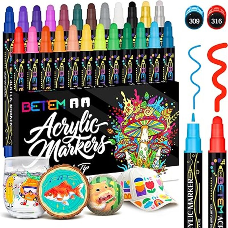 Betem 24 Colors Dual Tip Acrylic Paint Pens Markers, Premium