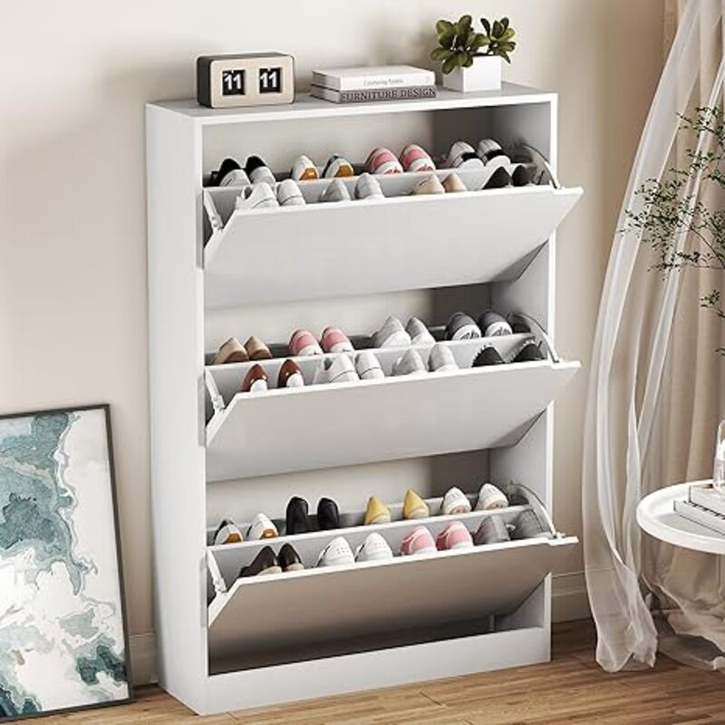 Shoe Cabinet with 3 Flip Drawers, Hidden Wood Shoe
