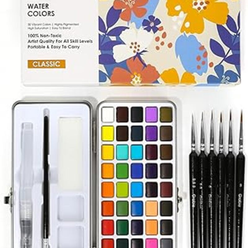 Grabie 50 Colors Watercolor Paint Set, Detail Paint Brush