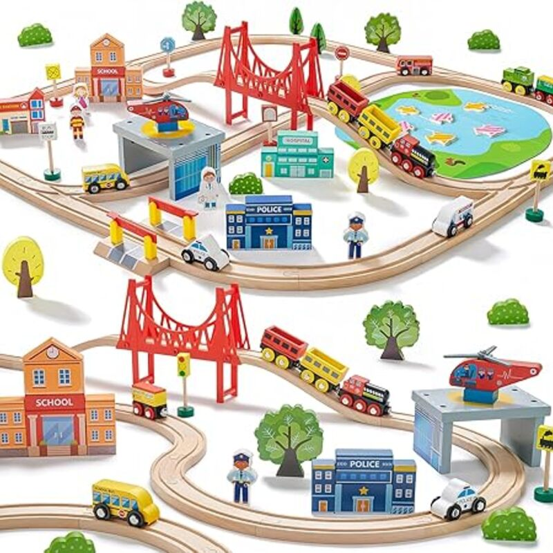 Tiny Land 110PCS Wooden Train Set – Toy Train with Tracks
