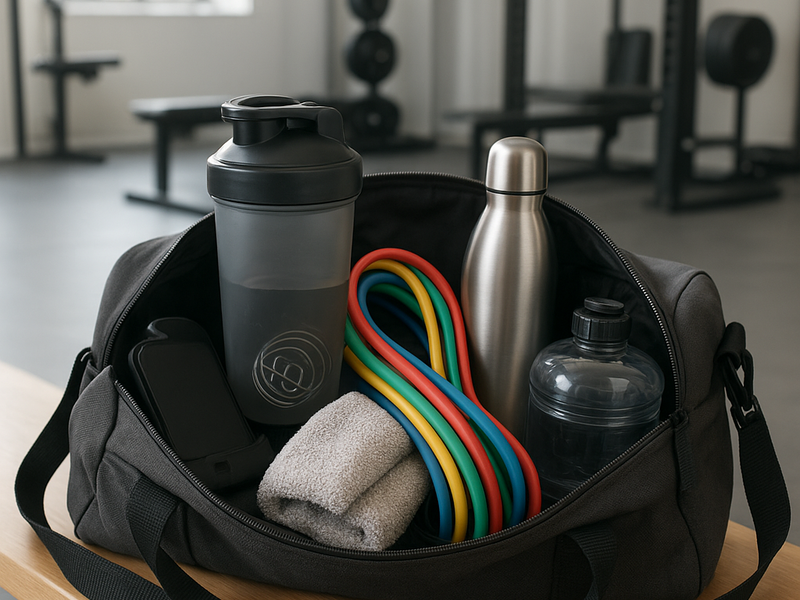 Gym Bag Essentials: Shaker, Bottle, Bands, Towel